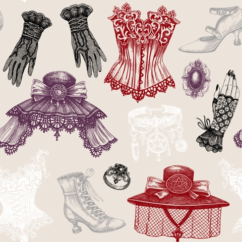 Gothic background. Hand drawn fashion illustration. Victorian clothes and accessories. Halloween seamless pattern. NOT AI generated